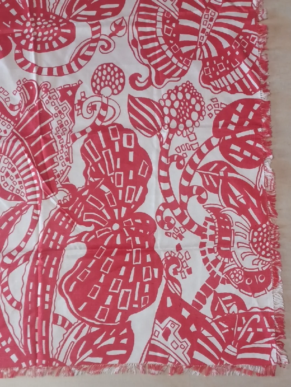 Vintage Thai Silk Scarf Star Of Siam Red White Mod Floral Resort Fringe 24×24